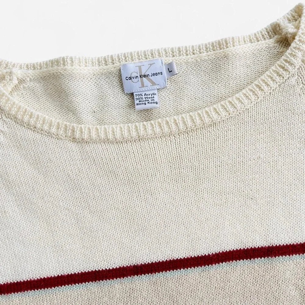 Vintage Calvin Klein Ivory Tone Fall Orange Brown Striped Boat Neck Sweater L - Picture 3 of 5